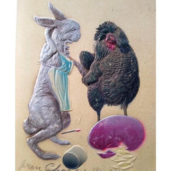 Easter Postcard Dressed Bunny Rabbit Apron Rooster PFB Embossed Hand Tinted 8736 - Picture 1 of 3
